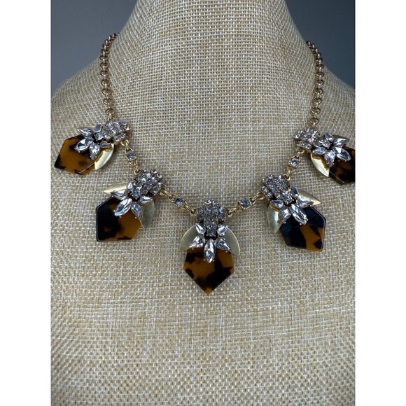 J.Crew Tortoise & Crystal Statement Necklace Gold Tone Adjustable Chain - Picture 1 of 9